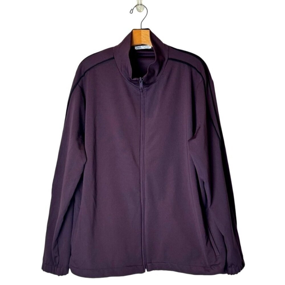 Zara Jacket Women XL Burgundy Black Trim Mock Neck Full Zip Track Jacket